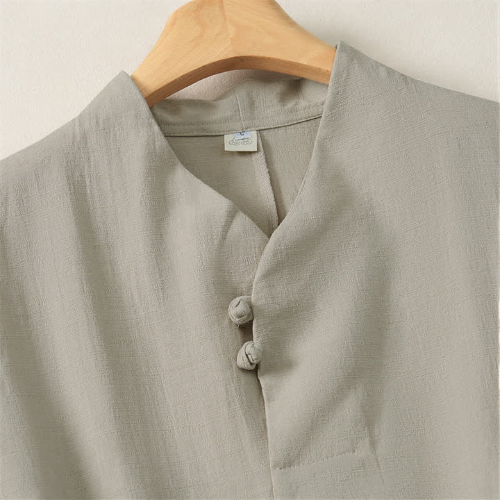 Buddha Stones Spring Fall Casual Tang Style Mandarin Collar Solid Cotton Men's Long Sleeve Shirts - image 12