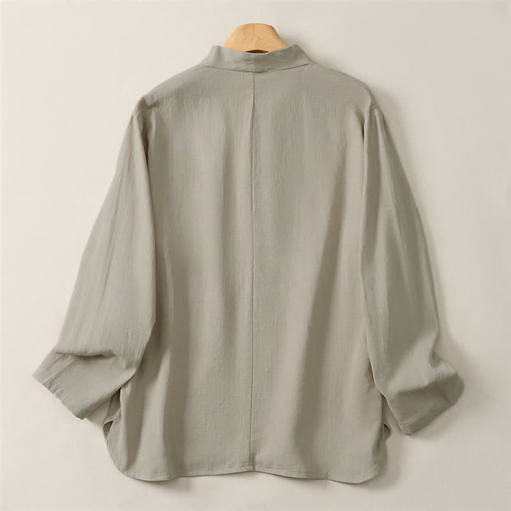 Buddha Stones Spring Fall Casual Tang Style Mandarin Collar Solid Cotton Men's Long Sleeve Shirts - image 9