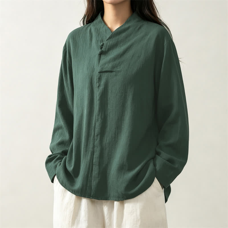 Buddha Stones Spring Fall Casual Tang Style Mandarin Collar Solid Cotton Men's Long Sleeve Shirts - image 2