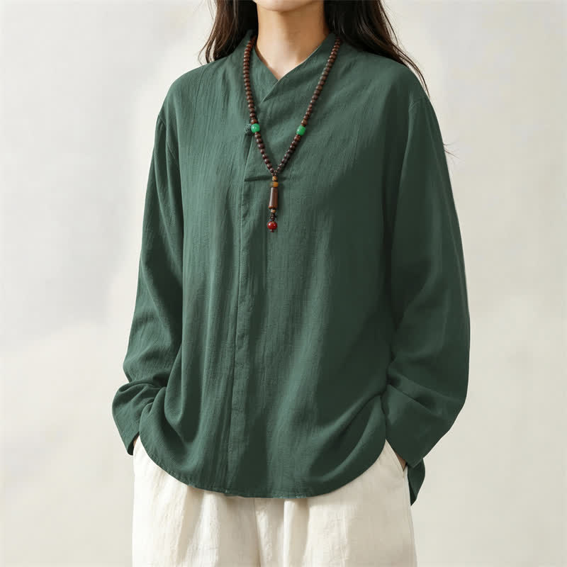 Buddha Stones Spring Fall Casual Tang Style Mandarin Collar Solid Cotton Men's Long Sleeve Shirts - image 3