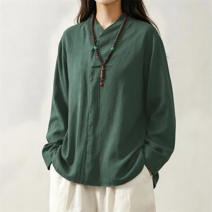 Buddha Stones Spring Fall Casual Tang Style Mandarin Collar Solid Cotton Men's Long Sleeve Shirts - image 3
