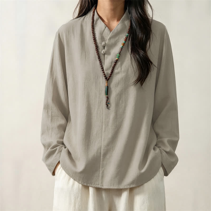 Buddha Stones Spring Fall Casual Tang Style Mandarin Collar Solid Cotton Men's Long Sleeve Shirts - image 11