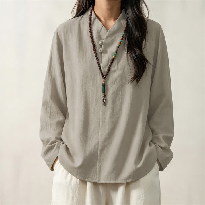 Buddha Stones Spring Fall Casual Tang Style Mandarin Collar Solid Cotton Men's Long Sleeve Shirts - image 11