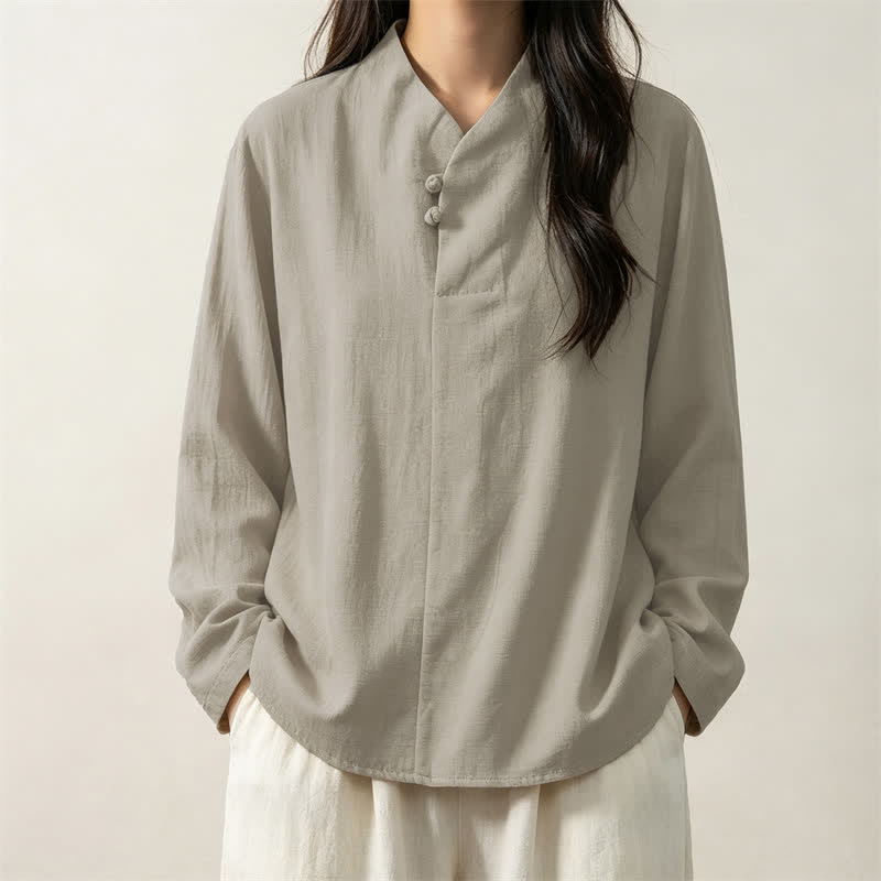 Buddha Stones Spring Fall Casual Tang Style Mandarin Collar Solid Cotton Men's Long Sleeve Shirts - image 10