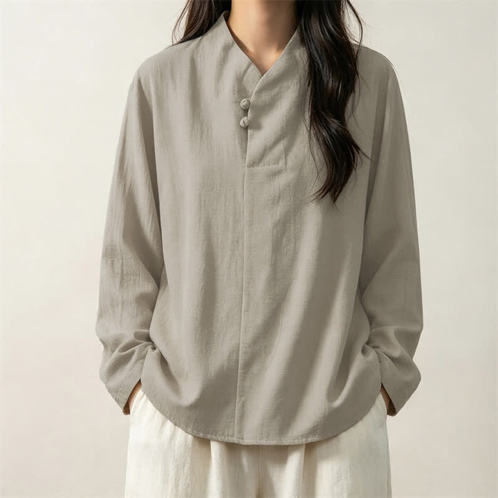Buddha Stones Spring Fall Casual Tang Style Mandarin Collar Solid Cotton Men's Long Sleeve Shirts - image 10