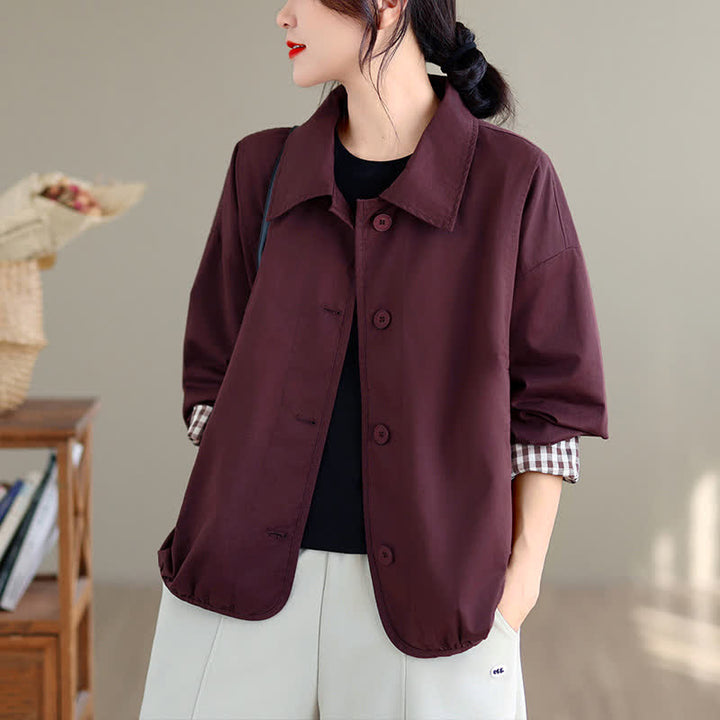 Buddha Stones Fall Casual Vintage Button-Up Solid Checkered Pattern Women's Jacket With Pockets - image 18