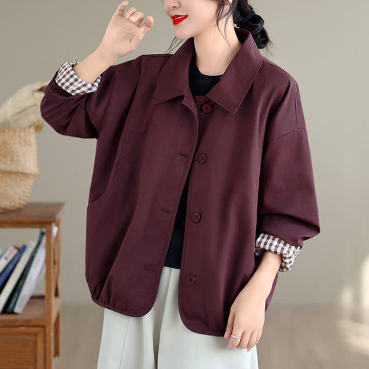 Buddha Stones Fall Casual Vintage Button-Up Solid Checkered Pattern Women's Jacket With Pockets - image 15