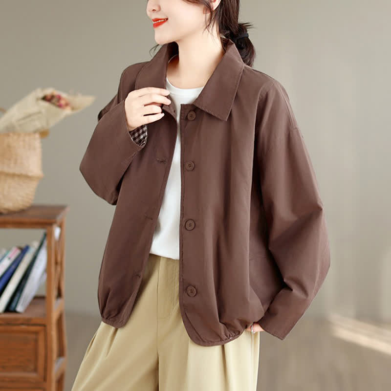 Buddha Stones Fall Casual Vintage Button-Up Solid Checkered Pattern Women's Jacket With Pockets - image 5