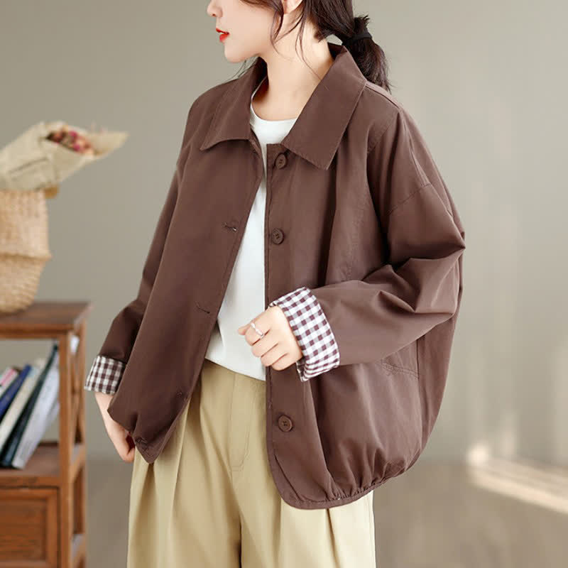Buddha Stones Fall Casual Vintage Button-Up Solid Checkered Pattern Women's Jacket With Pockets - image 2