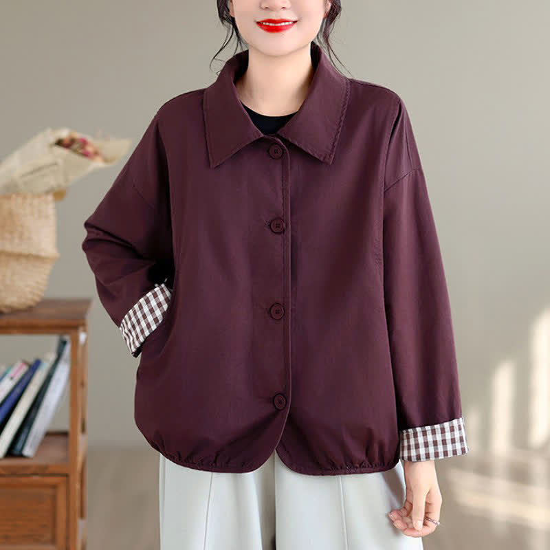 Buddha Stones Fall Casual Vintage Button-Up Solid Checkered Pattern Women's Jacket With Pockets - MediumVioletRed - US14, UK/AU18, EU46 (2XL) - image 13