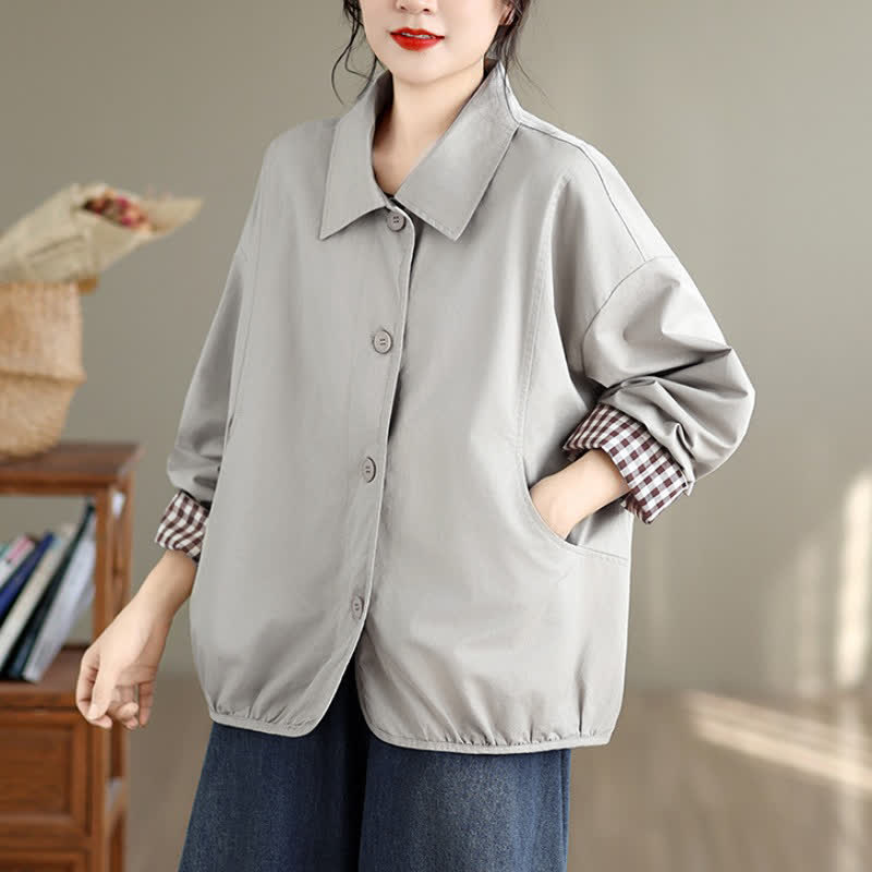 Buddha Stones Fall Casual Vintage Button-Up Solid Checkered Pattern Women's Jacket With Pockets - image 22