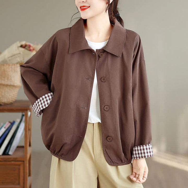 Buddha Stones Fall Casual Vintage Button-Up Solid Checkered Pattern Women's Jacket With Pockets - image 3