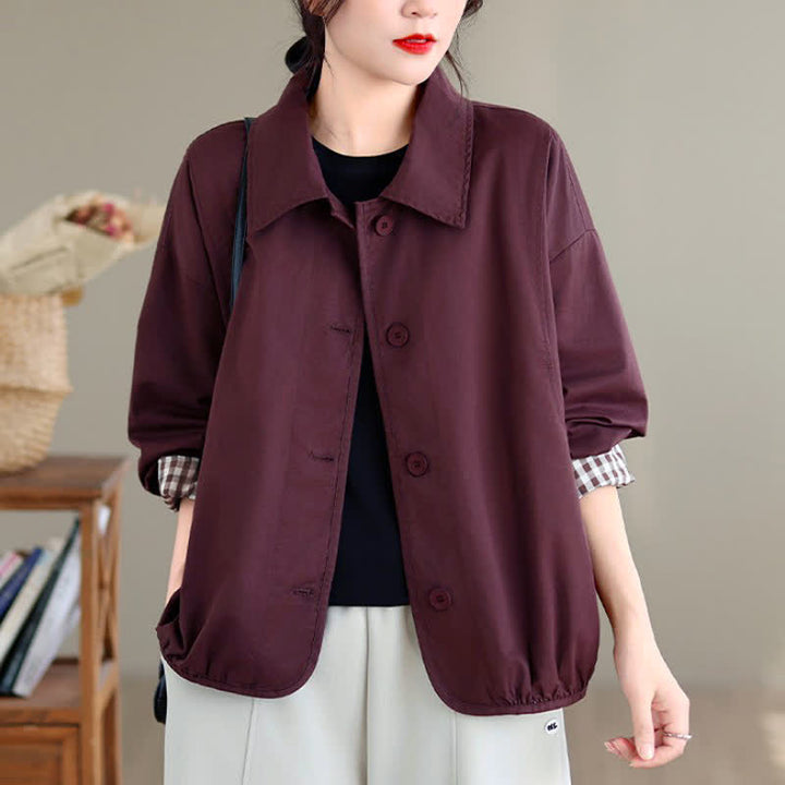 Buddha Stones Fall Casual Vintage Button-Up Solid Checkered Pattern Women's Jacket With Pockets - image 17