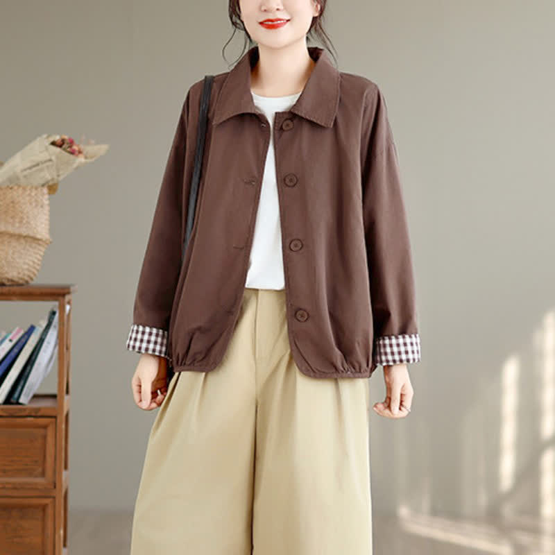 Buddha Stones Fall Casual Vintage Button-Up Solid Checkered Pattern Women's Jacket With Pockets - image 6