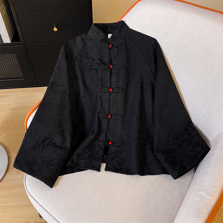 Buddha Stones Fall Vintage Tang Style Frog Button Floral Leaves Cotton Cropped Women's Long Sleeve Shirts - Black - US12, UK/AU16, EU44 (2XL) - image 9