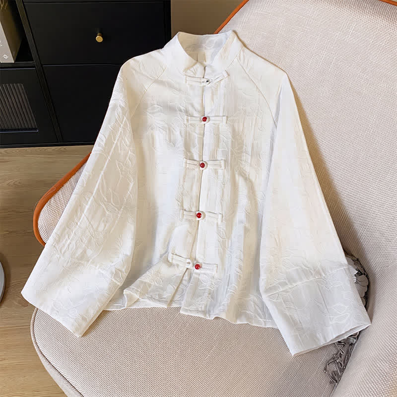 Buddha Stones Fall Vintage Tang Style Frog Button Floral Leaves Cotton Cropped Women's Long Sleeve Shirts - image 15