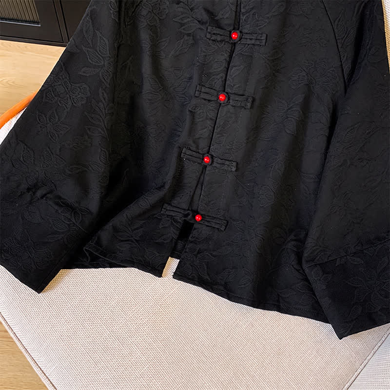 Buddha Stones Fall Vintage Tang Style Frog Button Floral Leaves Cotton Cropped Women's Long Sleeve Shirts - image 12