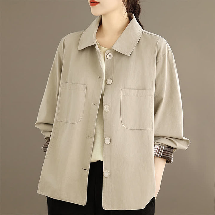 Buddha Stones Fall Basic Minimalist Solid Women's Jackets With Patch Pockets - image 3