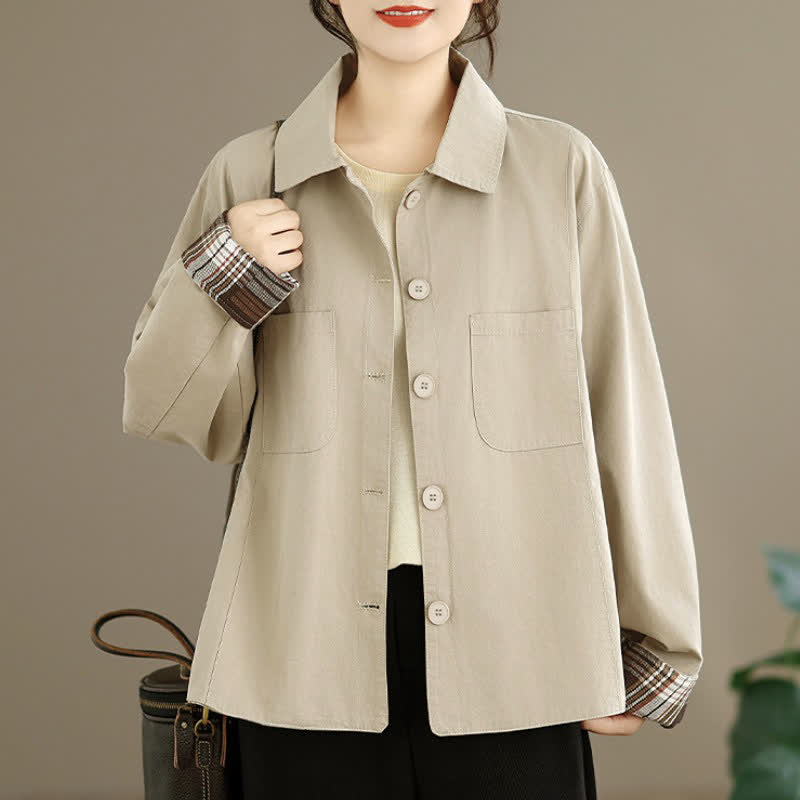Buddha Stones Fall Basic Minimalist Solid Women's Jackets With Patch Pockets - Beige - US8-10, UK/AU12-14, EU40-42 (2XL) - image 0