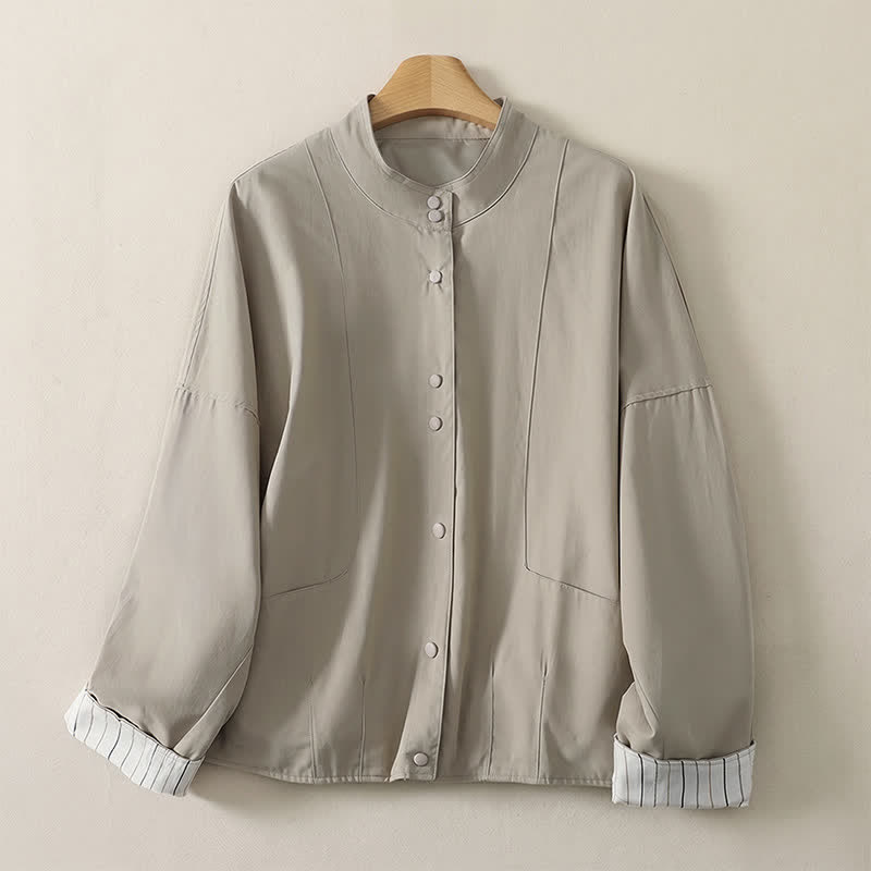Buddha Stones Fall Winter Casual Minimalist Mandarin Collar Solid Cropped Women's Jacket With Pockets - Beige - US14, UK/AU18, EU46 (2XL) - image 5
