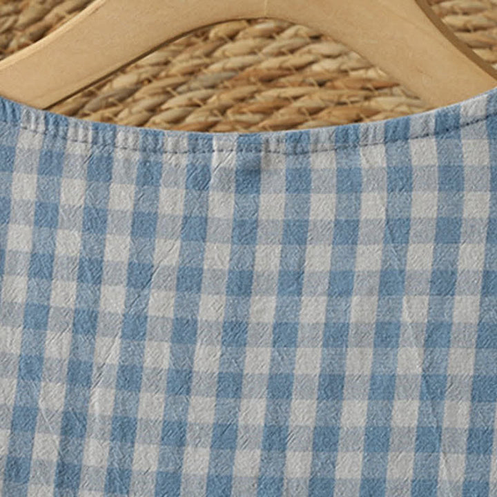 Buddha Stones Spring Fall Casual Vintage Blue and White Plaid Crew Neck Women's Long Sleeve Dress With Pockets - image 3
