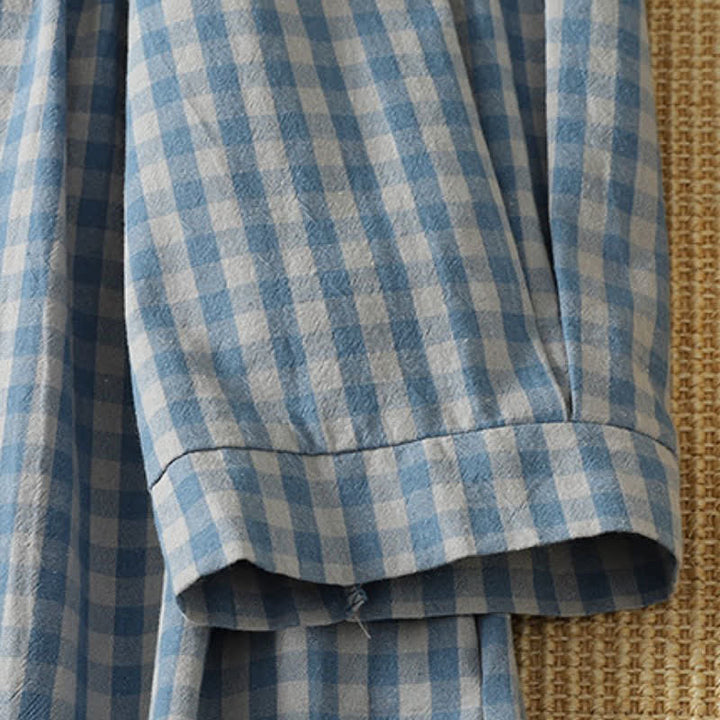 Buddha Stones Spring Fall Casual Vintage Blue and White Plaid Crew Neck Women's Long Sleeve Dress With Pockets - image 6