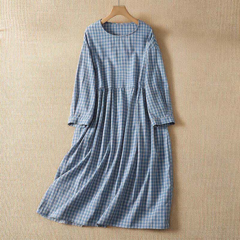 Buddha Stones Spring Fall Casual Vintage Blue and White Plaid Crew Neck Women's Long Sleeve Dress With Pockets - LightSteelBlue - US14, UK/AU18, EU46 (2XL) - image 0