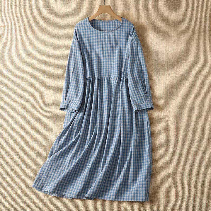 Buddha Stones Spring Fall Casual Vintage Blue and White Plaid Crew Neck Women's Long Sleeve Dress With Pockets - LightSteelBlue - US14, UK/AU18, EU46 (2XL) - image 0