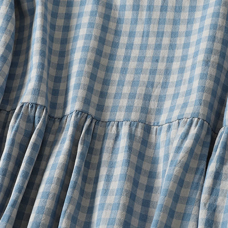Buddha Stones Spring Fall Casual Vintage Blue and White Plaid Crew Neck Women's Long Sleeve Dress With Pockets - image 4