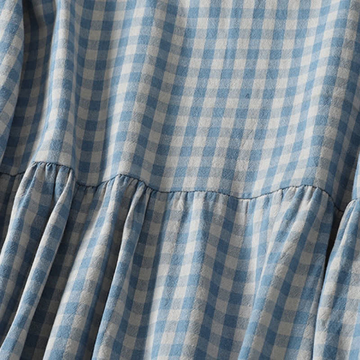 Buddha Stones Spring Fall Casual Vintage Blue and White Plaid Crew Neck Women's Long Sleeve Dress With Pockets - image 4