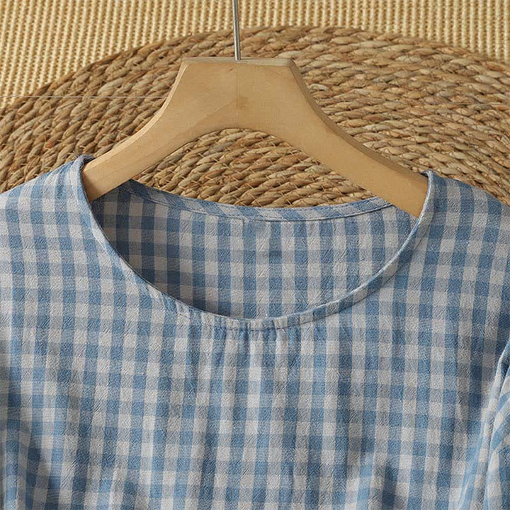 Buddha Stones Spring Fall Casual Vintage Blue and White Plaid Crew Neck Women's Long Sleeve Dress With Pockets - image 2