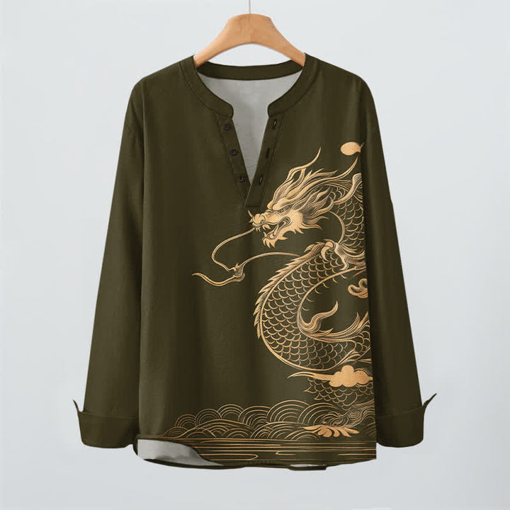 Buddha Stones Cotton Golden Dragon Wave Pattern V-Neck Buttons Men's Long Sleeve Shirts - image 2