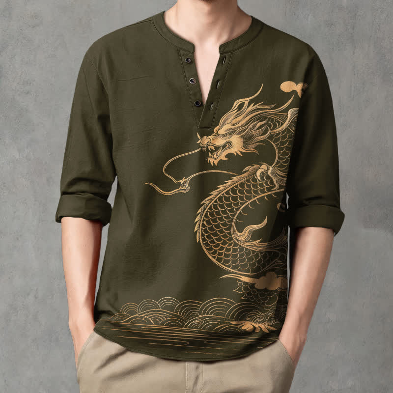 Buddha Stones Cotton Golden Dragon Wave Pattern V-Neck Buttons Men's Long Sleeve Shirts - image 1
