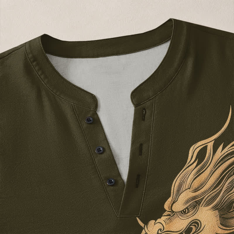 Buddha Stones Cotton Golden Dragon Wave Pattern V-Neck Buttons Men's Long Sleeve Shirts - image 4
