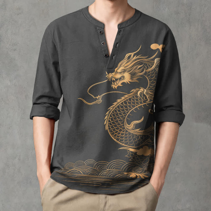 Buddha Stones Cotton Golden Dragon Wave Pattern V-Neck Buttons Men's Long Sleeve Shirts - image 8
