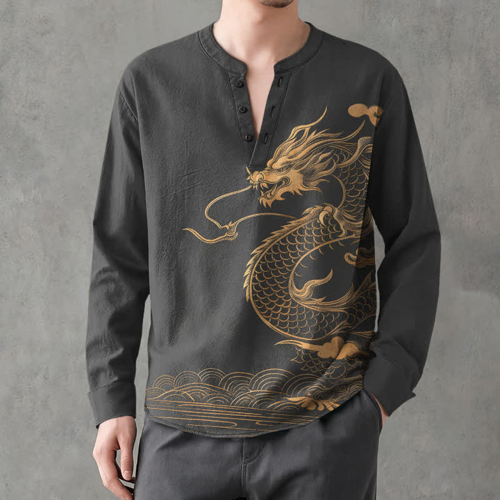 Buddha Stones Cotton Golden Dragon Wave Pattern V-Neck Buttons Men's Long Sleeve Shirts - DimGray - US/UK/AU48，EU58 (4XL) - image 7