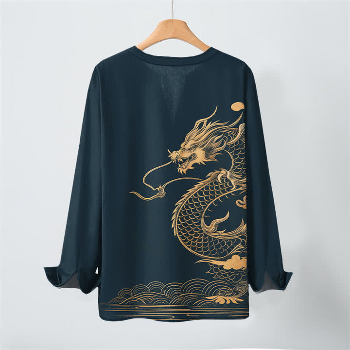 Buddha Stones Cotton Golden Dragon Wave Pattern V-Neck Buttons Men's Long Sleeve Shirts - image 17