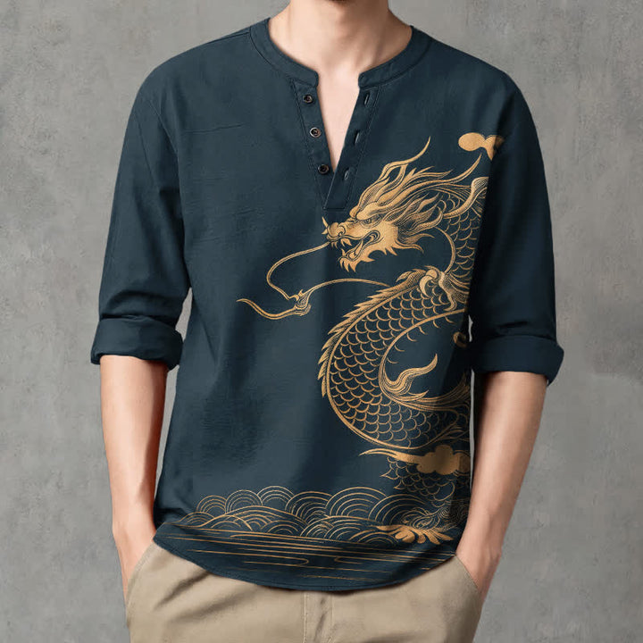 Buddha Stones Cotton Golden Dragon Wave Pattern V-Neck Buttons Men's Long Sleeve Shirts - image 15