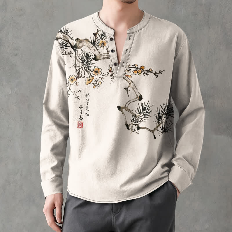 Buddha Stones Cotton Ink Pine Yellow Flowers Pattern V-Neck Buttons Men's Long Sleeve Shirts - image 1