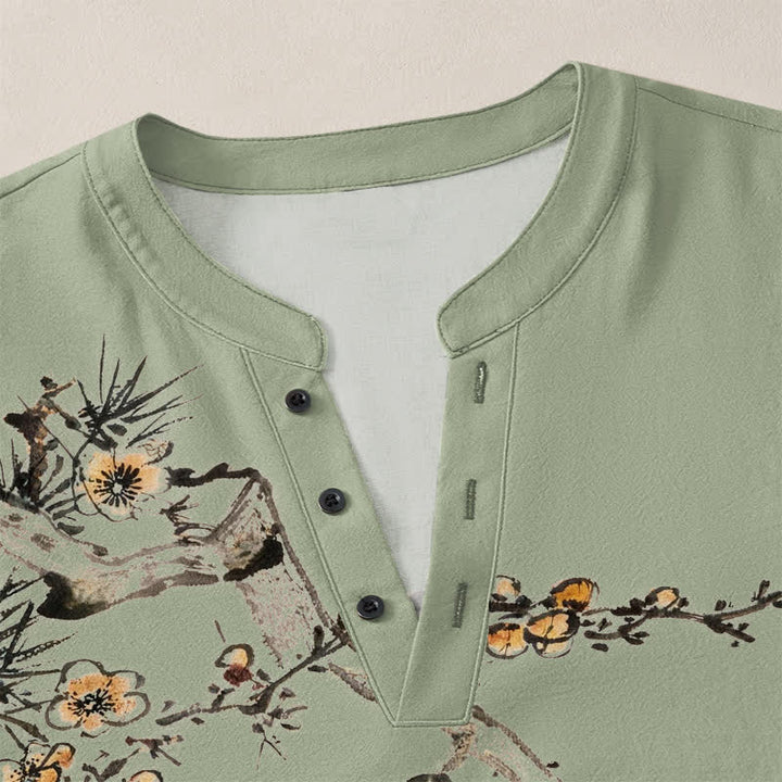 Buddha Stones Cotton Ink Pine Yellow Flowers Pattern V-Neck Buttons Men's Long Sleeve Shirts - image 11