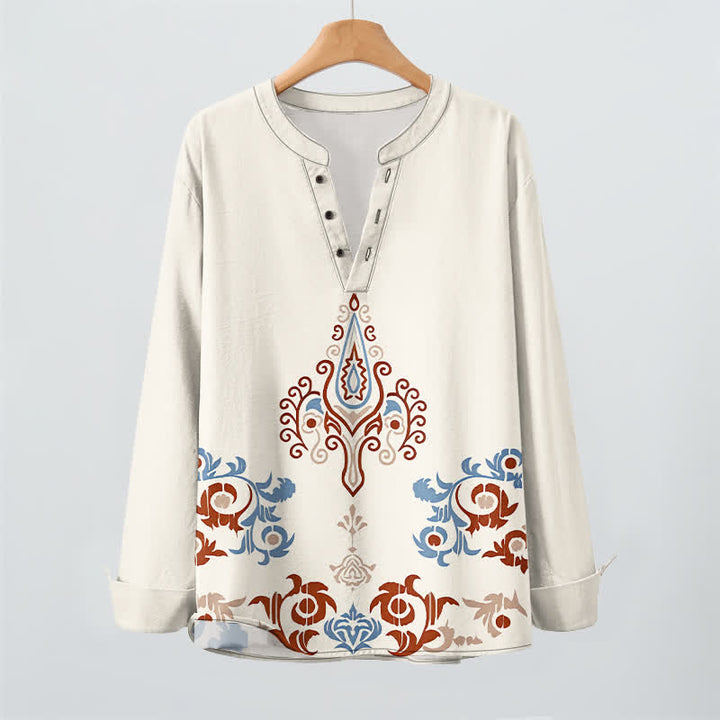Buddha Stones Cotton Tribal Multicolored Geometric Pattern V-Neck Buttons Men's Long Sleeve Shirts - image 2