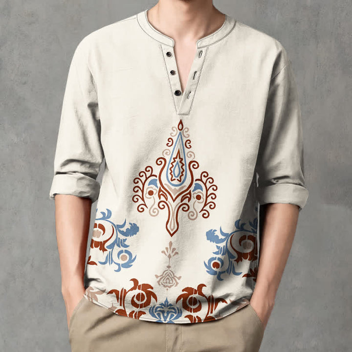 Buddha Stones Cotton Tribal Multicolored Geometric Pattern V-Neck Buttons Men's Long Sleeve Shirts - image 1