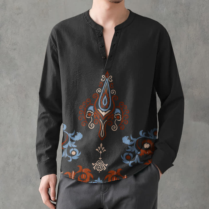 Buddha Stones Cotton Tribal Multicolored Geometric Pattern V-Neck Buttons Men's Long Sleeve Shirts - Black - US/UK/AU48，EU58 (4XL) - image 7