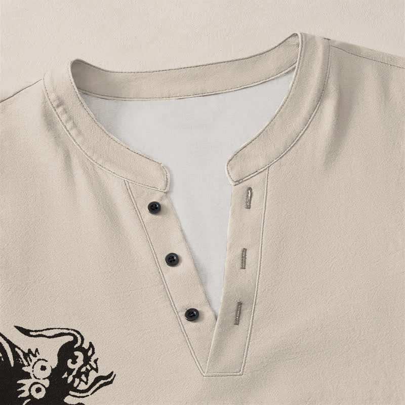 Buddha Stones Cotton Dragon Seal Pattern V-Neck Buttons Men's Long Sleeve Shirts - image 4