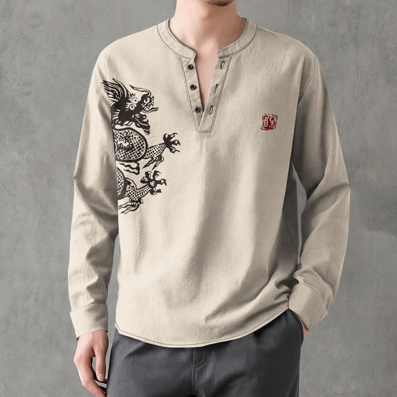 Buddha Stones Cotton Dragon Seal Pattern V-Neck Buttons Men's Long Sleeve Shirts - image 1