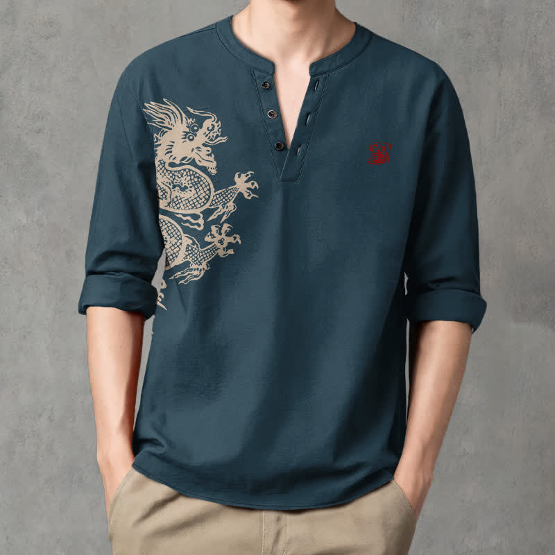 Buddha Stones Cotton Dragon Seal Pattern V-Neck Buttons Men's Long Sleeve Shirts - SteelBlue - US/UK/AU48，EU58 (4XL) - image 7