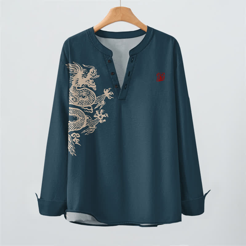 Buddha Stones Cotton Dragon Seal Pattern V-Neck Buttons Men's Long Sleeve Shirts - image 9