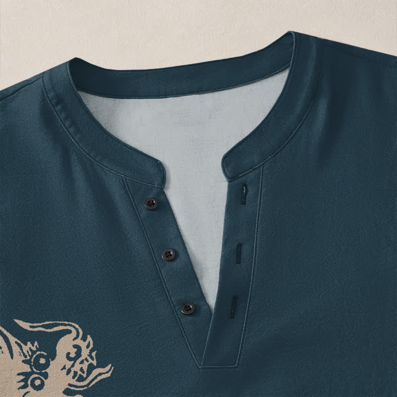 Buddha Stones Cotton Dragon Seal Pattern V-Neck Buttons Men's Long Sleeve Shirts - image 11