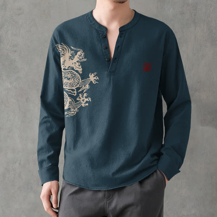 Buddha Stones Cotton Dragon Seal Pattern V-Neck Buttons Men's Long Sleeve Shirts - image 8