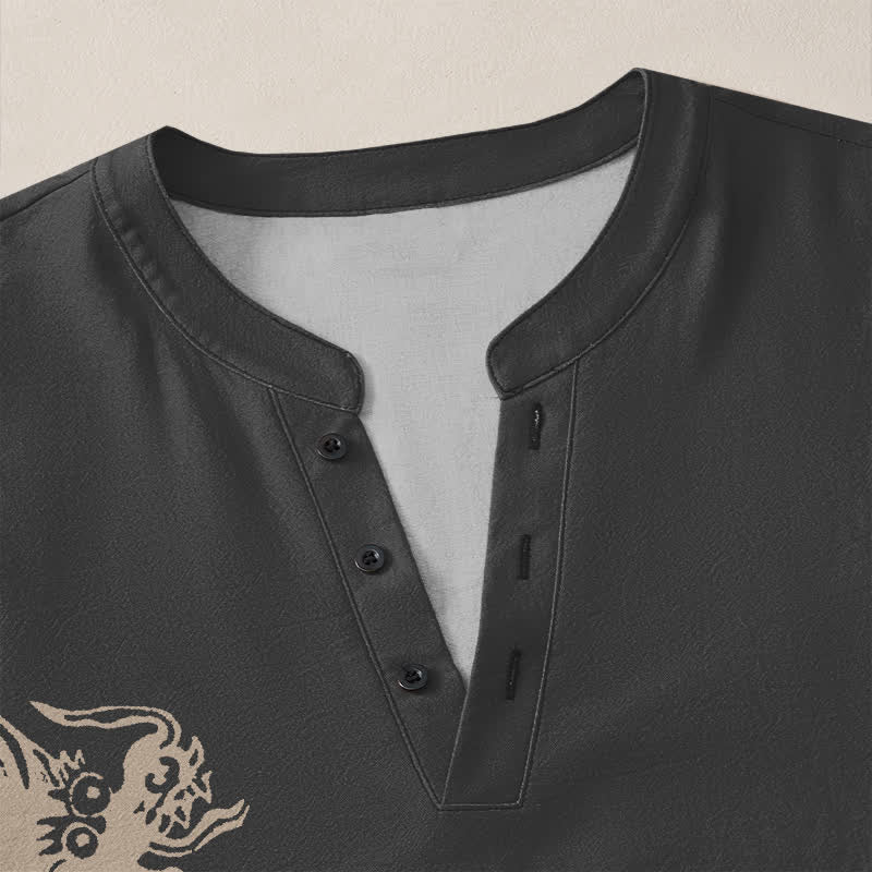 Buddha Stones Cotton Dragon Seal Pattern V-Neck Buttons Men's Long Sleeve Shirts - image 18